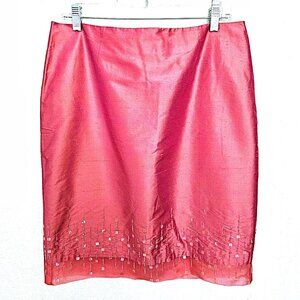 Classiques Entier Pink Silk Beaded Skirt Size 14 Womens Straight Knee Length NEW